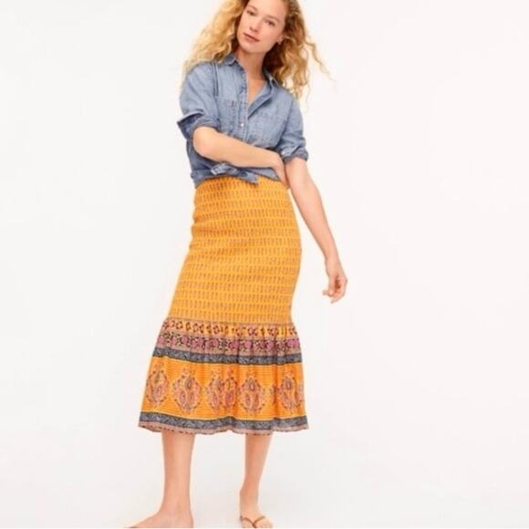 J. Crew skirt size 14 Pencil midi yellow Sunny Block Print tiered batik India - Picture 1 of 10